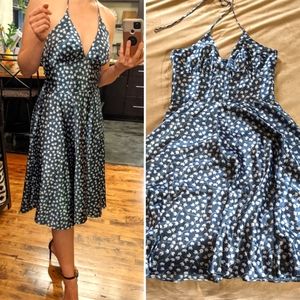 Anthropologie Retro Silk Floral Halter Midi Dress A-Line Blue Sundress sz small